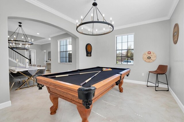 game room with ornamental molding and pool table