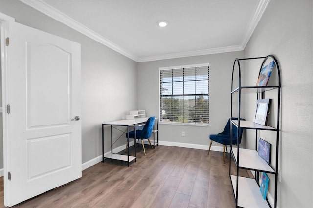 office space featuring crown molding and hardwood / wood-style floors