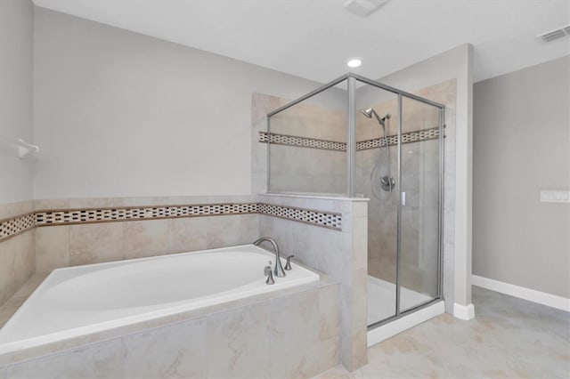 12135 Crestridge Loop, Trinity, FL 34655 - bathroom with visible vents, a garden tub, baseboards, tile patterned floors, and a shower stall