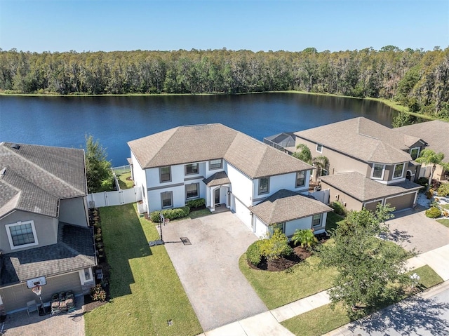 birds eye view of property featuring a water view