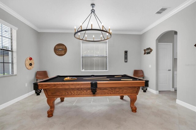 12135 Crestridge Loop, Trinity, FL 34655 - recreation room with arched walkways, crown molding, pool table, baseboards, and a chandelier