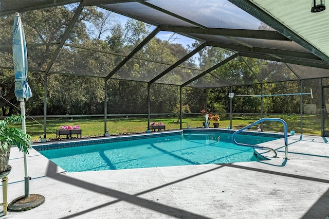 view of pool featuring a patio, a lanai, and a yard