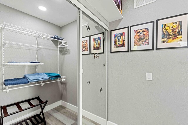 walk in closet with wood-type flooring