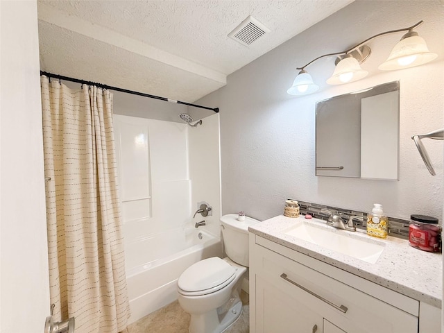 bathroom featuring a textured ceiling, toilet, shower / bathtub combination with curtain, and vanity