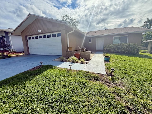 10521 Mira Vista Dr, Port Richey, FL 34668 - ranch-style house with a front yard, a garage, concrete driveway, and stucco siding