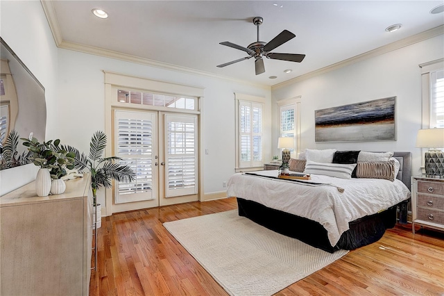 bedroom with light hardwood / wood-style flooring, ceiling fan, french doors, access to exterior, and ornamental molding