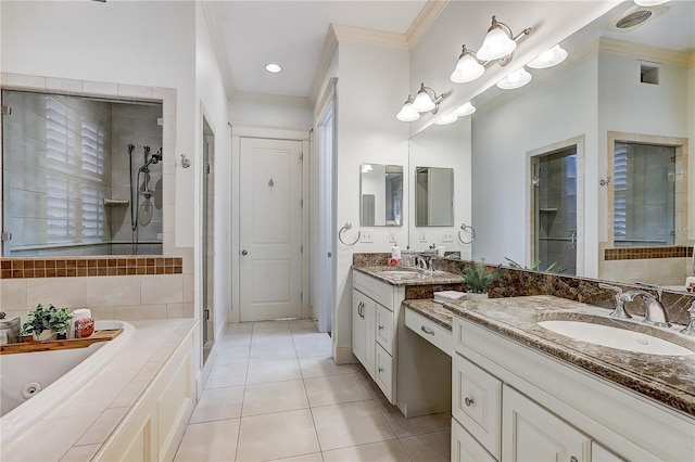 bathroom featuring ornamental molding, vanity, independent shower and bath, and tile patterned floors