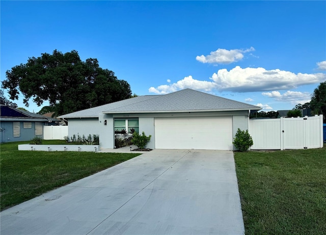 ranch-style house with a garage and a front lawn