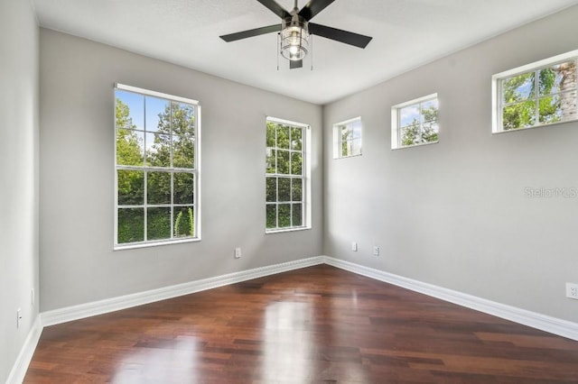 spare room featuring ceiling fan and dark hardwood / wood-style flooring