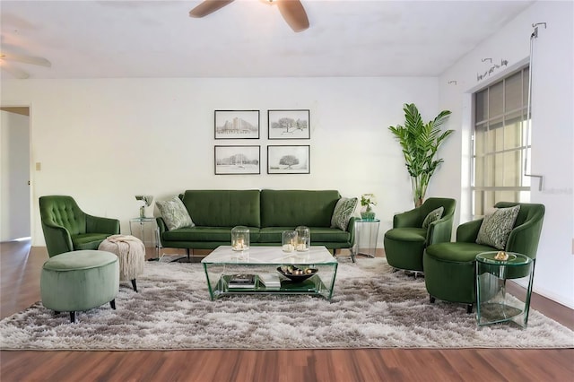 living room with ceiling fan and hardwood / wood-style floors