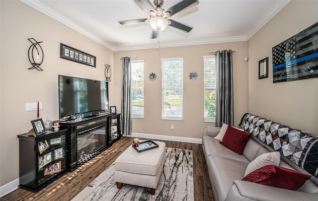 living room with ornamental molding, hardwood / wood-style floors, and ceiling fan