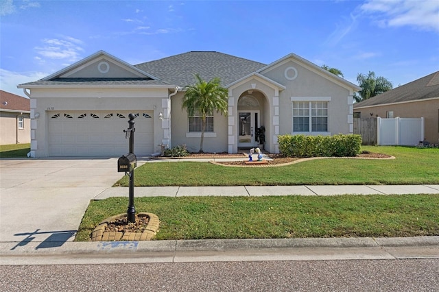 single story home featuring a front lawn and a garage