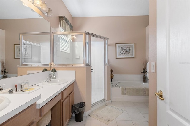 bathroom featuring vanity, separate shower and tub, and tile patterned flooring