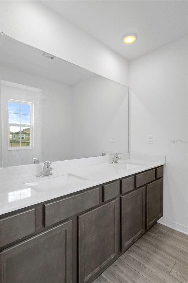 bathroom featuring vanity and wood-type flooring