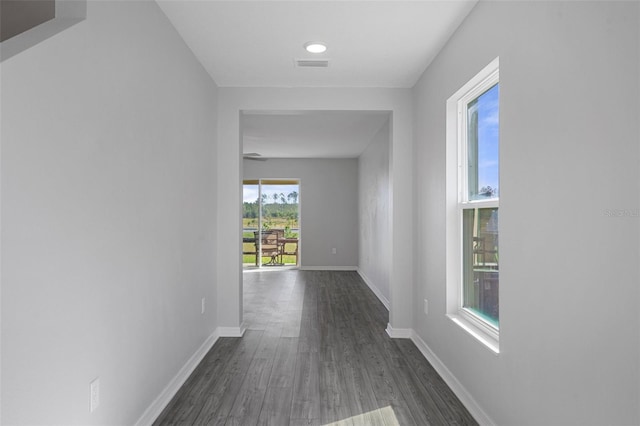 hall with dark wood-type flooring