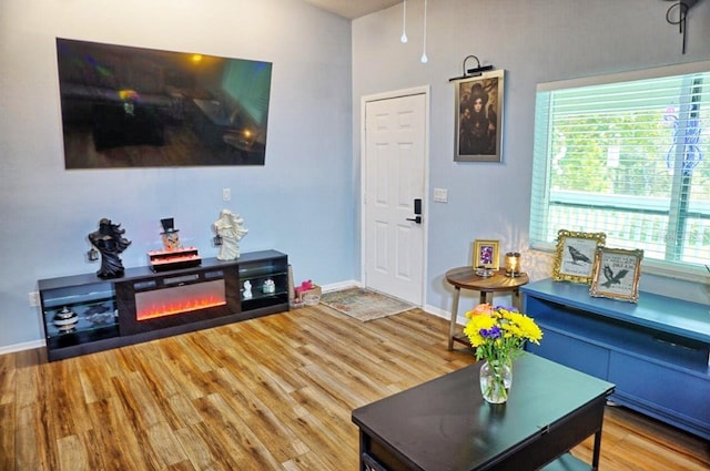 living room with a glass covered fireplace, wood finished floors, and baseboards
