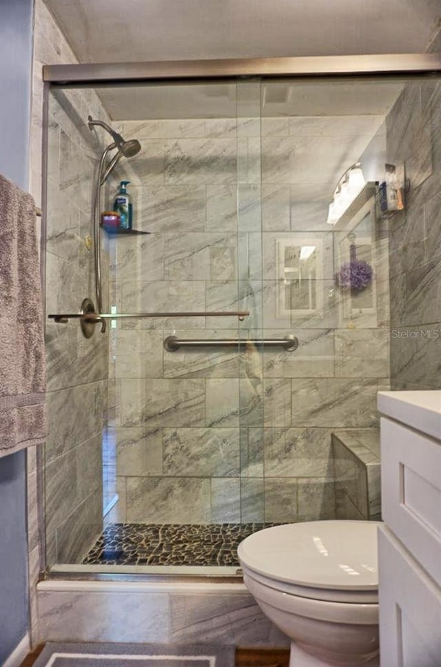 full bathroom with vanity, toilet, and a shower stall