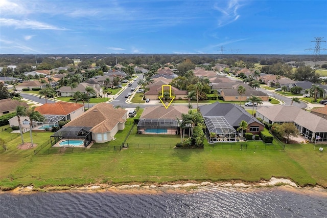 drone / aerial view featuring a water view