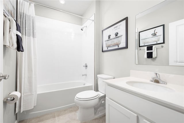 full bathroom featuring vanity, shower / tub combo with curtain, toilet, and tile patterned flooring