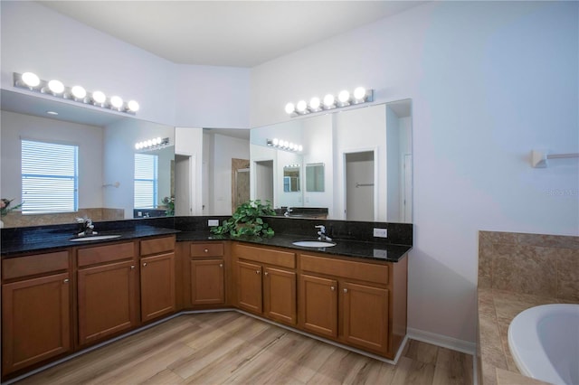 bathroom featuring vanity, wood-type flooring, and separate shower and tub