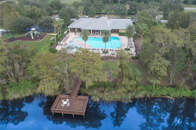 drone / aerial view featuring a water view