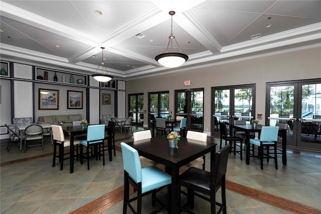 dining space with french doors, coffered ceiling, beamed ceiling, a high ceiling, and ornamental molding