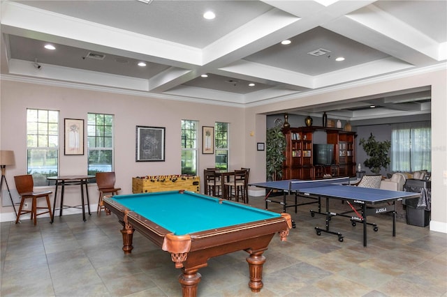 recreation room with beam ceiling, coffered ceiling, ornamental molding, and billiards