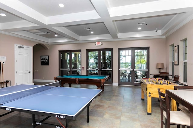 game room with beamed ceiling, french doors, and coffered ceiling