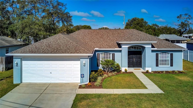 single story home with a front lawn and a garage