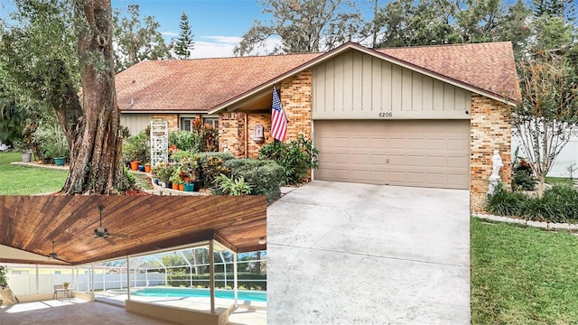 view of front of house featuring ceiling fan, a lanai, and a fenced in pool