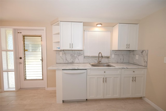 kitchen featuring sink, dishwasher, a wealth of natural light, and white cabinets