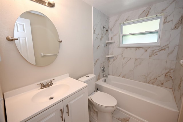 full bathroom with toilet, tiled shower / bath, and vanity