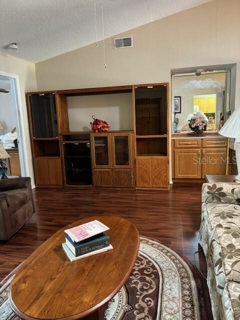 living room with lofted ceiling, a textured ceiling, and dark hardwood / wood-style floors