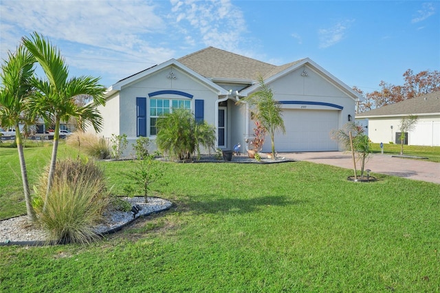 single story home featuring a front yard and a garage