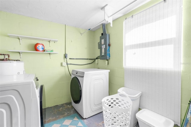 laundry room with electric panel and washing machine and clothes dryer