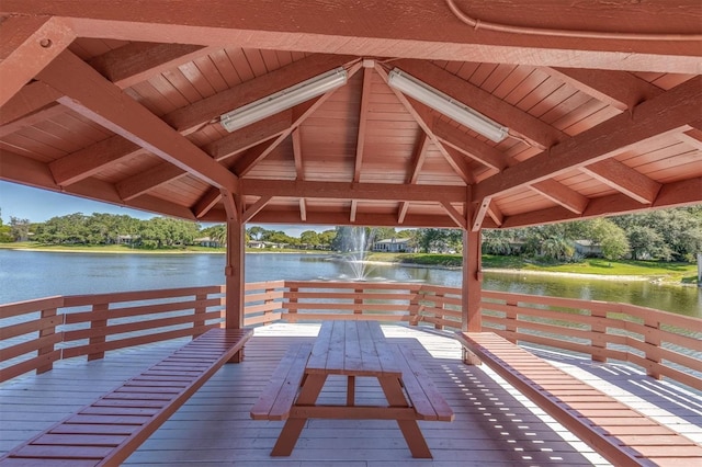 dock area featuring a gazebo and a water view