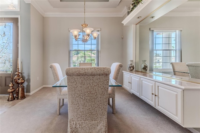 carpeted dining area with a notable chandelier and a healthy amount of sunlight