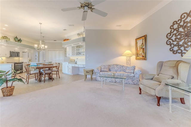 carpeted living room with crown molding and ceiling fan with notable chandelier