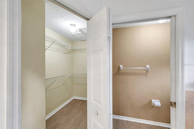 walk in closet with wood-type flooring