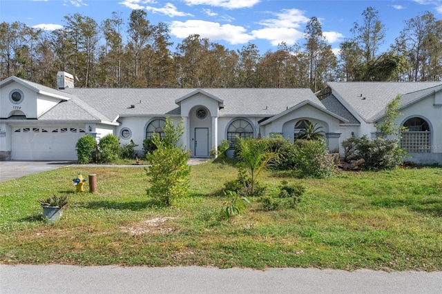 ranch-style house featuring a front yard and a garage