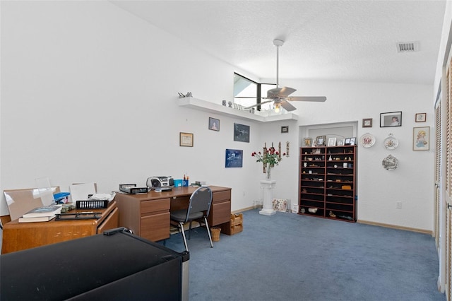 carpeted office featuring ceiling fan, high vaulted ceiling, and a textured ceiling