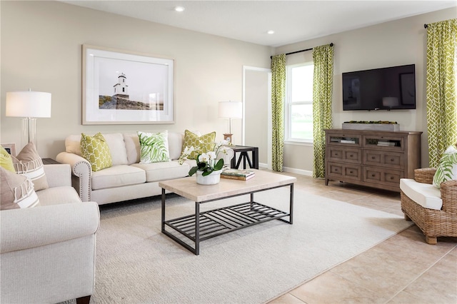 living room with light tile patterned floors