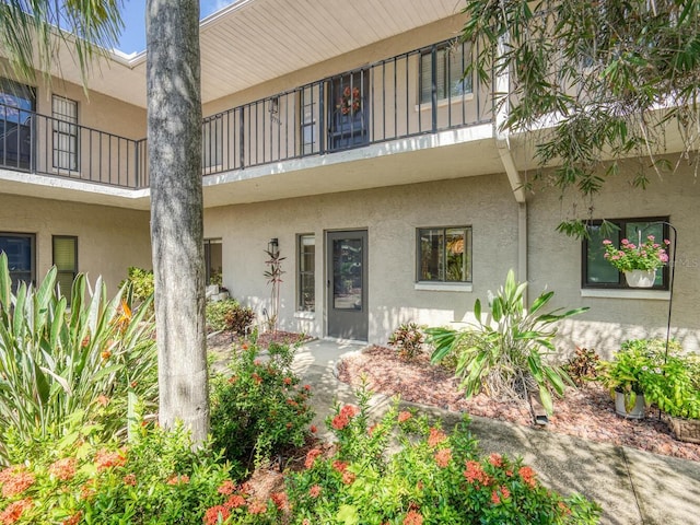 doorway to property featuring stucco siding