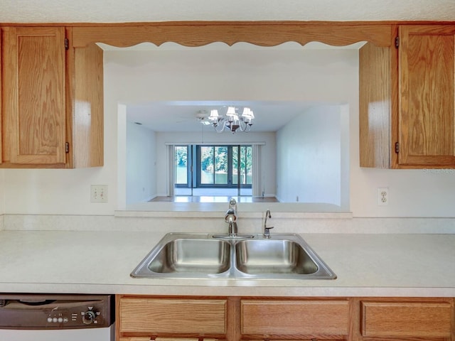 7719 Cosme Dr Unit 1, Hudson, FL 34667 - kitchen featuring a sink, light countertops, dishwashing machine, and a chandelier
