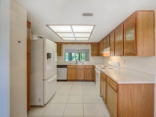 7719 Cosme Dr Unit 1, Hudson, FL 34667 - kitchen featuring white appliances, under cabinet range hood, a sink, light tile patterned floors, and light countertops