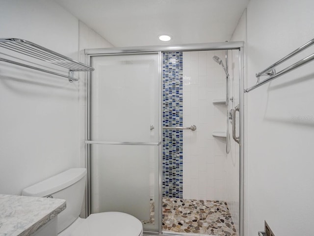 bathroom featuring vanity, toilet, and an enclosed shower