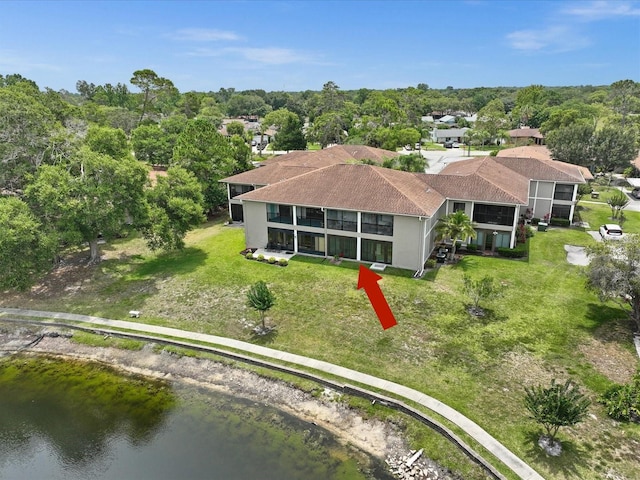 drone / aerial view featuring a water view