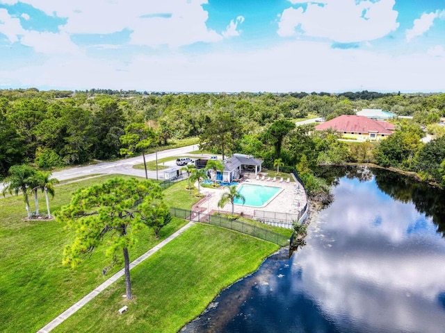 birds eye view of property featuring a water view