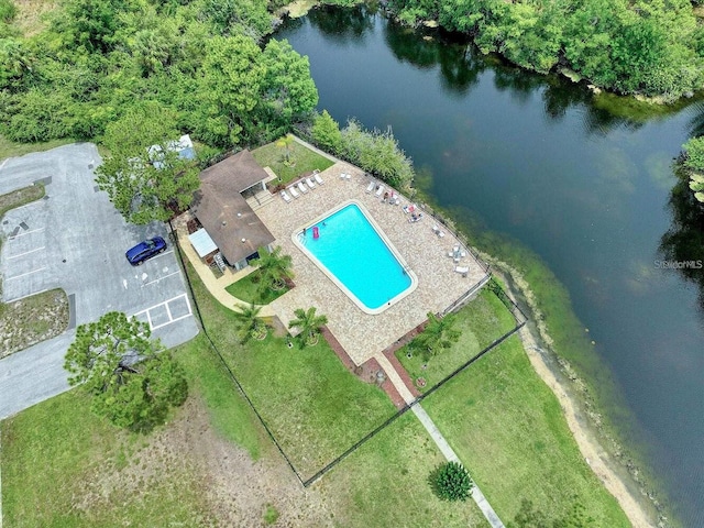 drone / aerial view featuring a water view