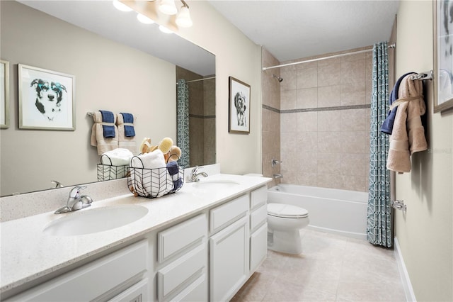 full bathroom featuring vanity, shower / bath combo, toilet, and tile patterned flooring